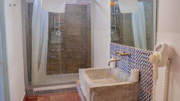 Shower, hair dryer, bidet, towels