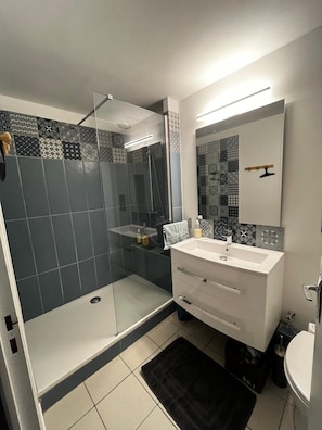 Shower, hair dryer, towels, soap