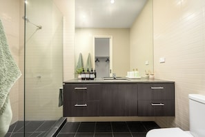 Shower, hair dryer, towels, soap