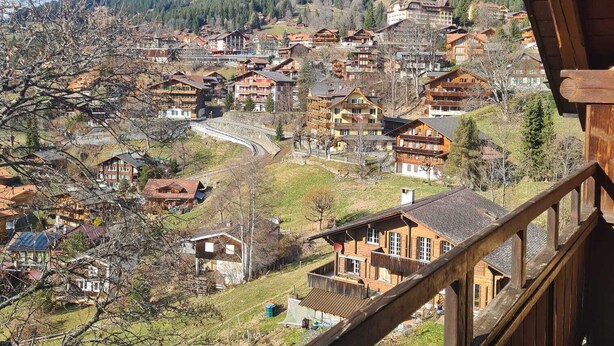 Un pueblo de montaña con casas de madera tradicionales, un camino serpenteante y una ladera cubierta de bosque.