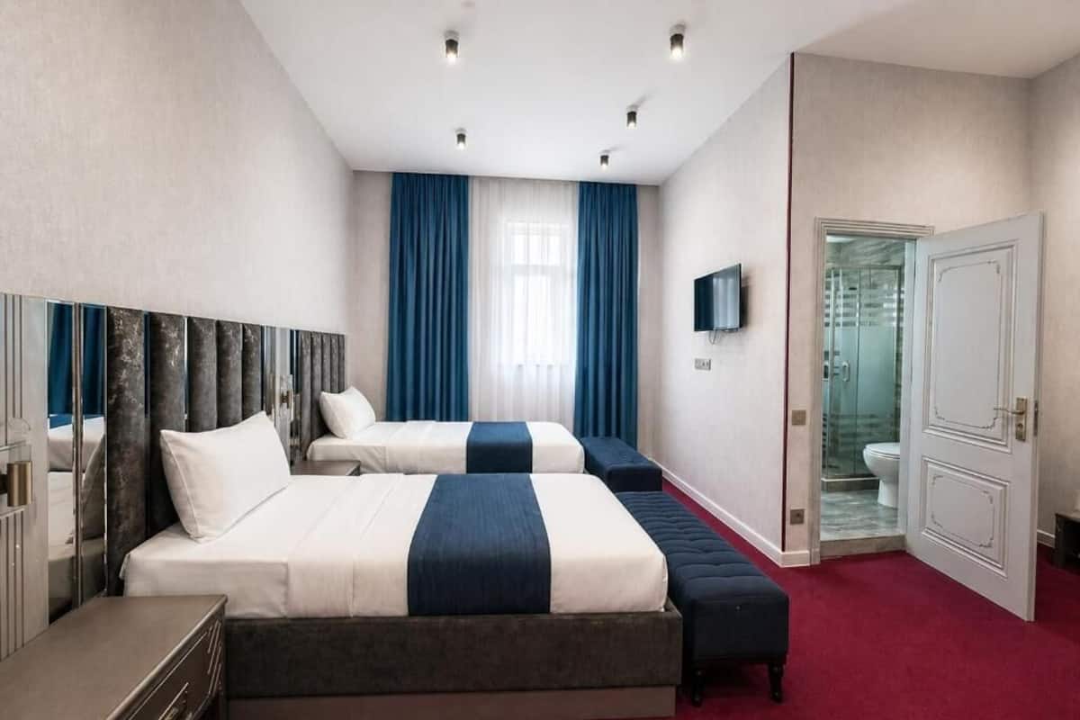A hotel room with a large bed, a bedside table, a TV, and a bathroom with a glass shower.