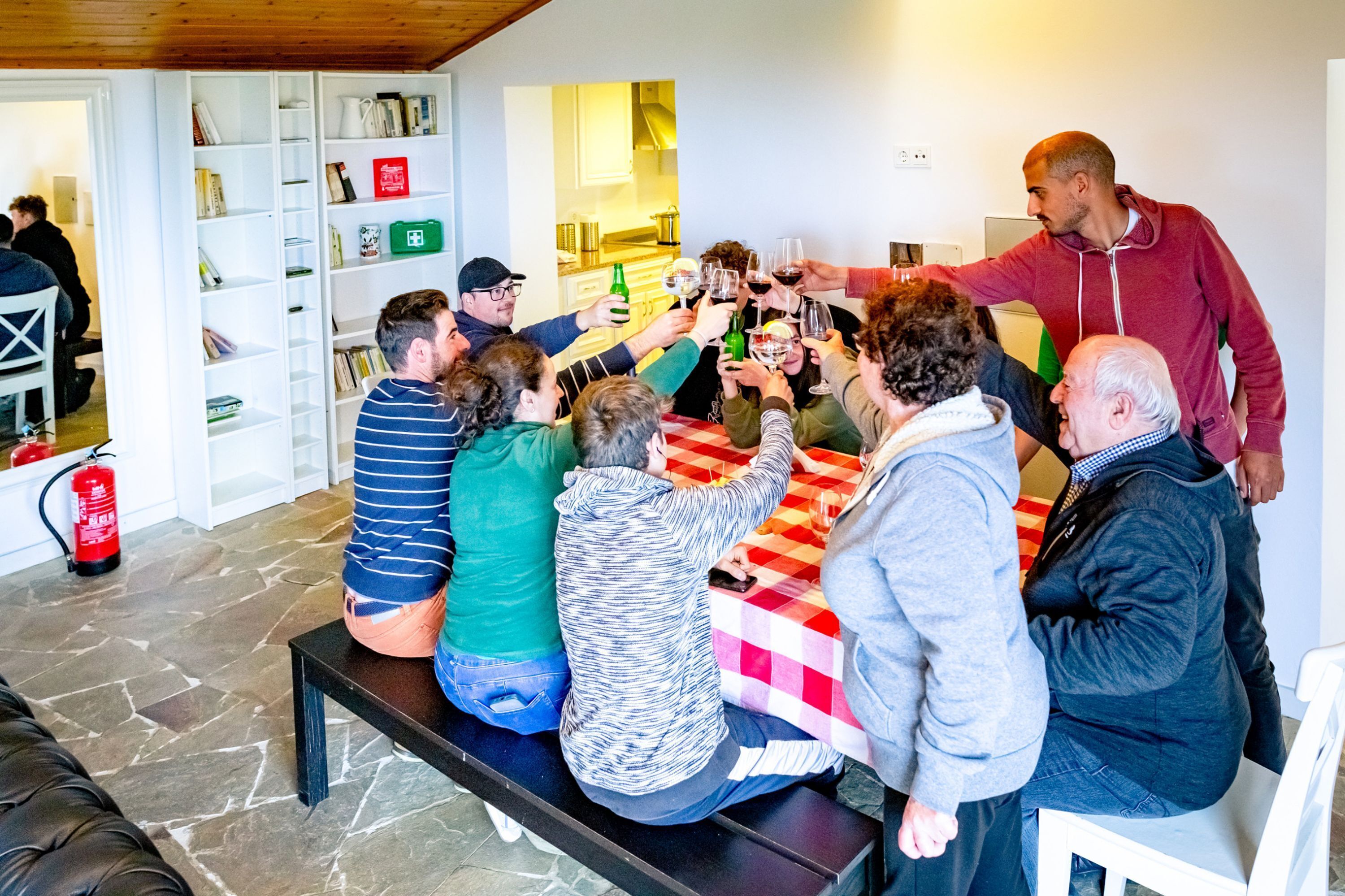 A group of people toasting around a table in a room with a checkered tablecloth, a bookshelf, and a fire extinguisher.