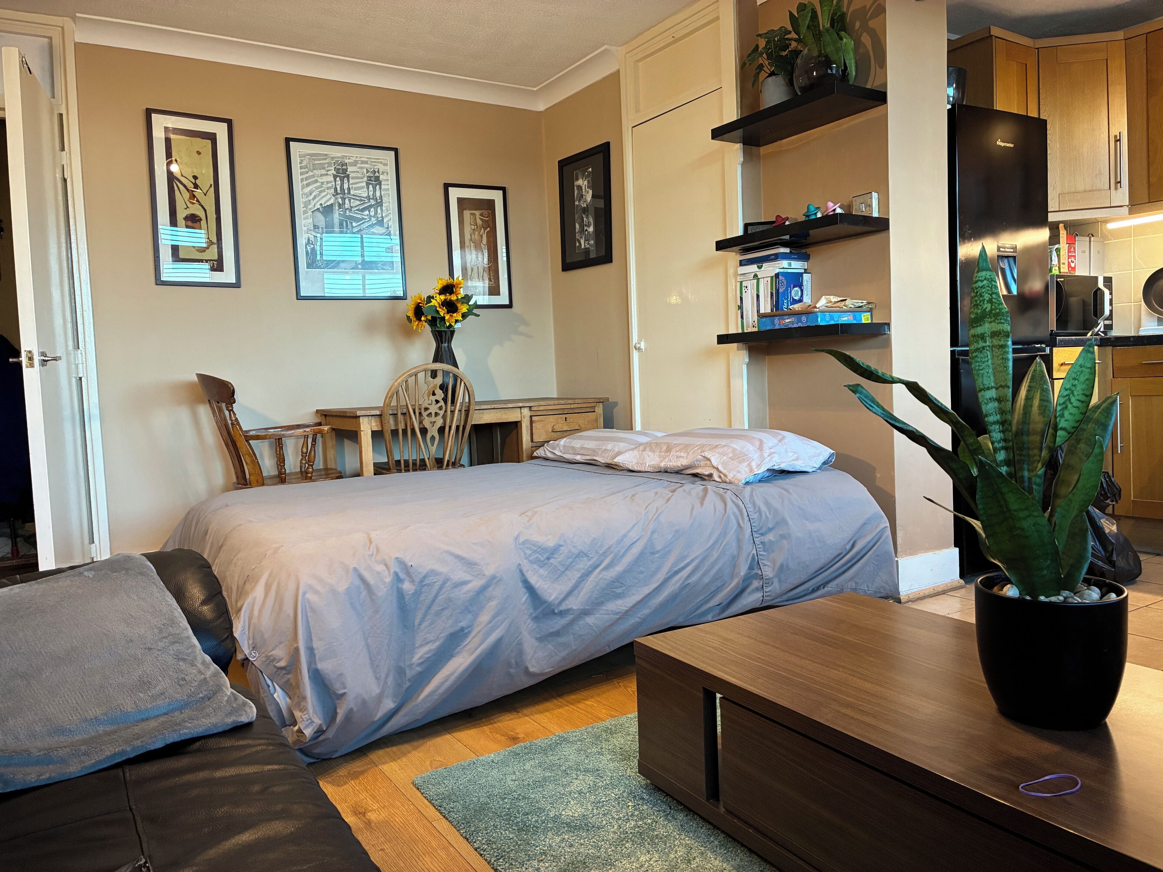 Ein Schlafzimmer mit Bett, Schreibtisch, Stuhl, Couchtisch und einer Zimmerpflanze.