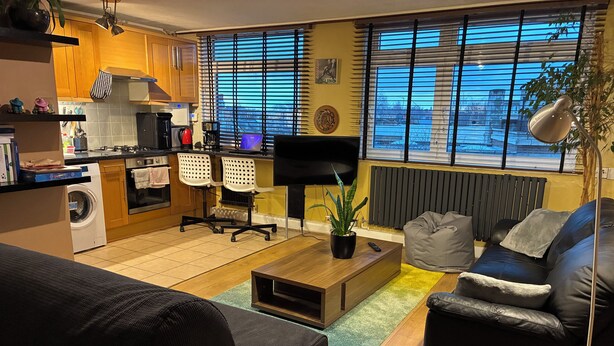 Ein modernes Wohnzimmer mit Sofa, Couchtisch und Fernseher. Es gibt eine Küchenzeile mit Waschmaschine sowie einen Esstisch mit Stühlen.