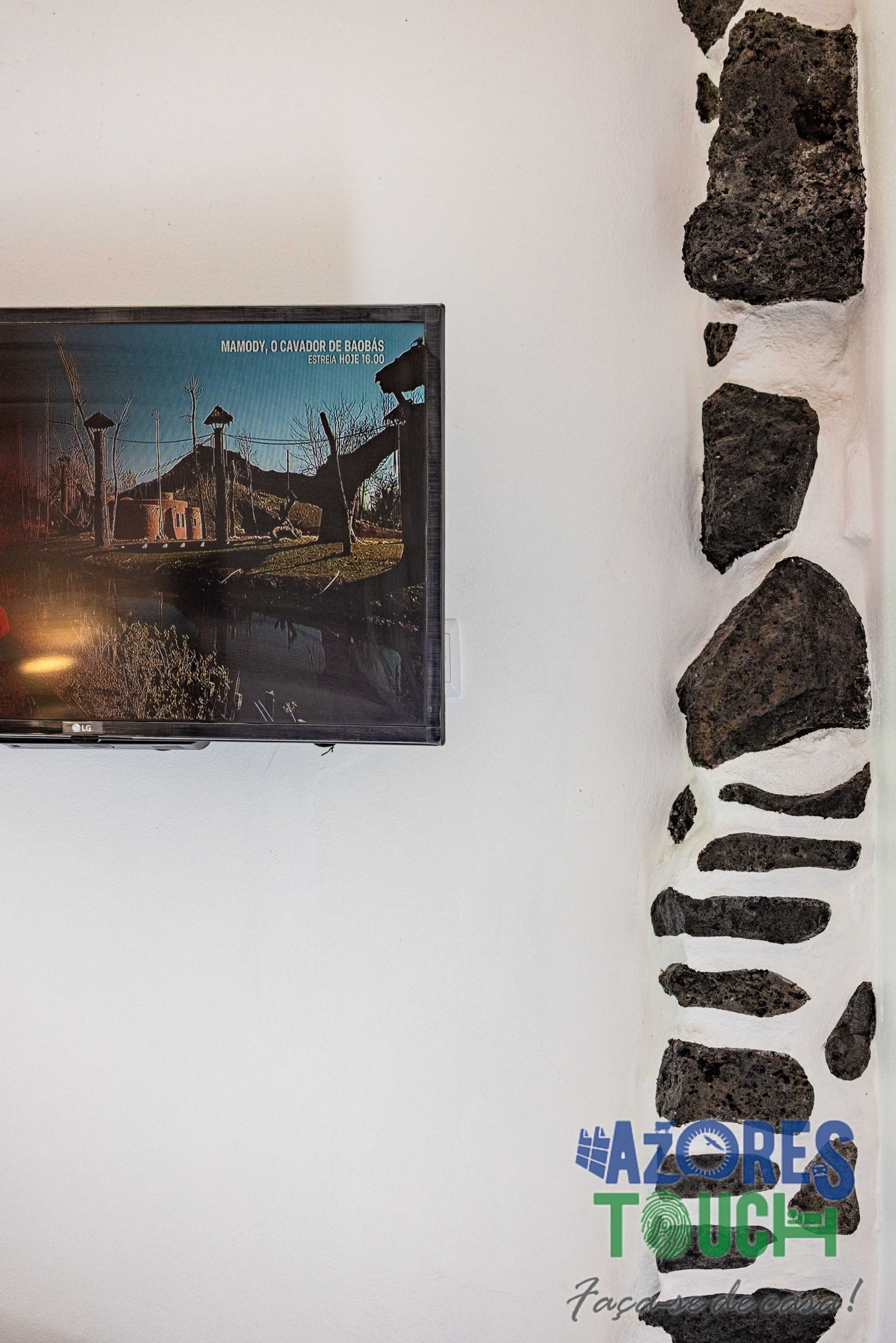 A wall-mounted television displaying a scenic image of a rural landscape with a house and a bridge.