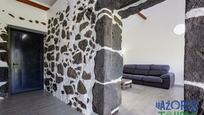 Une pièce avec un mur en pierre, une porte sombre, un canapé gris et une table basse en bois.