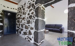 Una habitación con pared de piedra, puerta oscura, sofá gris y mesa de centro de madera.