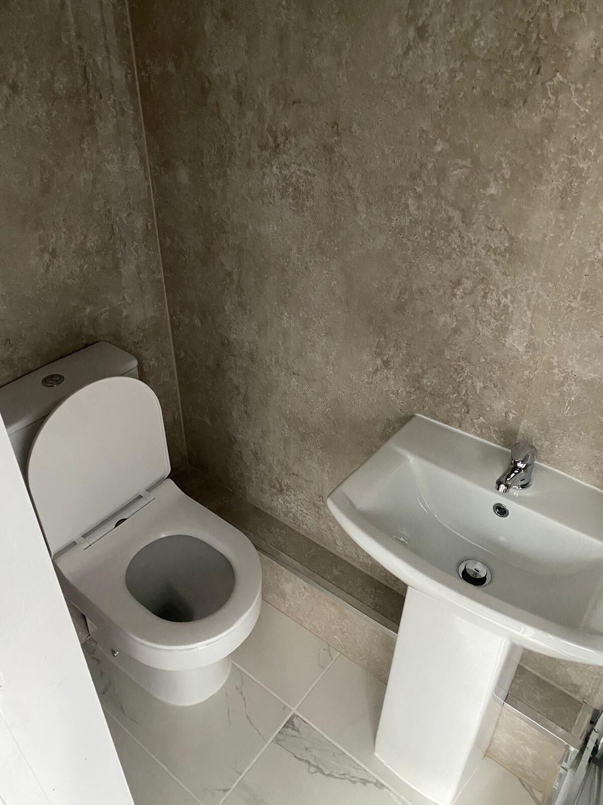 A bathroom with a toilet and a sink.