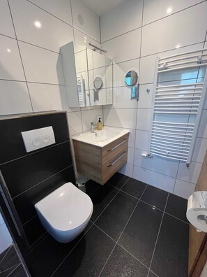 Dusche, Haartrockner, Handtücher, Shampoo