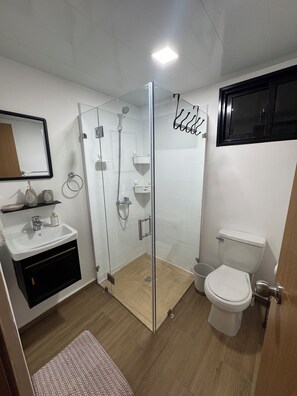 Shower, hair dryer, towels, soap