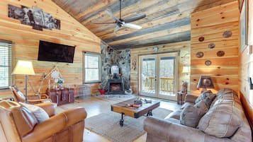 TV, fireplace, books