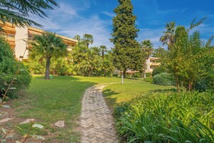 Un sendero atraviesa un jardín exuberante con palmeras y un edificio al fondo.