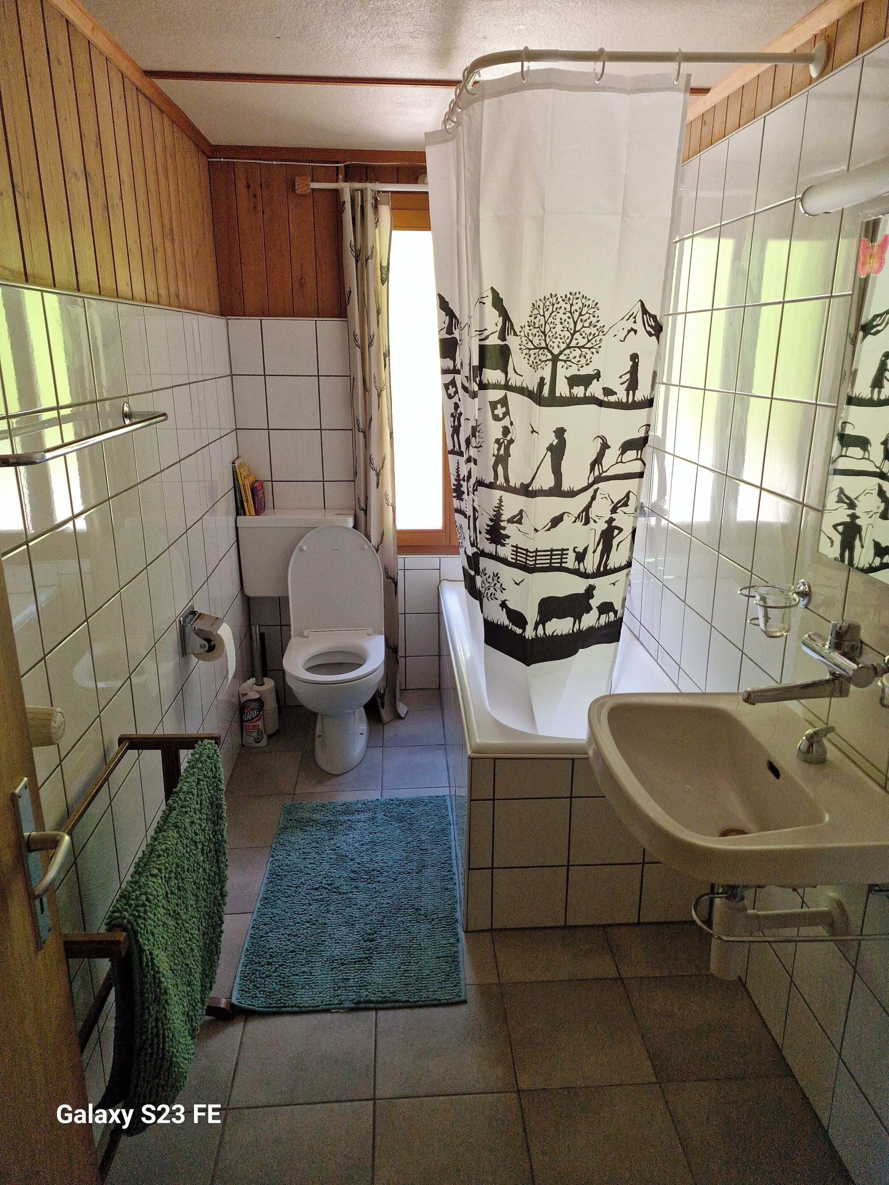 A bathroom with a toilet, sink, and shower curtain with a nature scene.