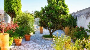 A stone-paved courtyard with potted plants and a small tree. - Peaceful Farmhouse Retreat Near Nazaré | 3BR Countryside Stay Minutes to Beach (Quinta Nova, Famalicao, Portugal)