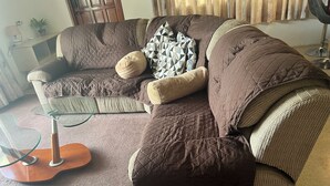 A brown sofa with a quilted cover, a glass coffee table, and a potted plant.