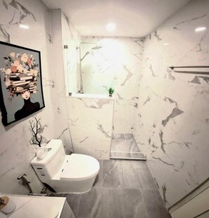 Shower, hair dryer, bidet, towels