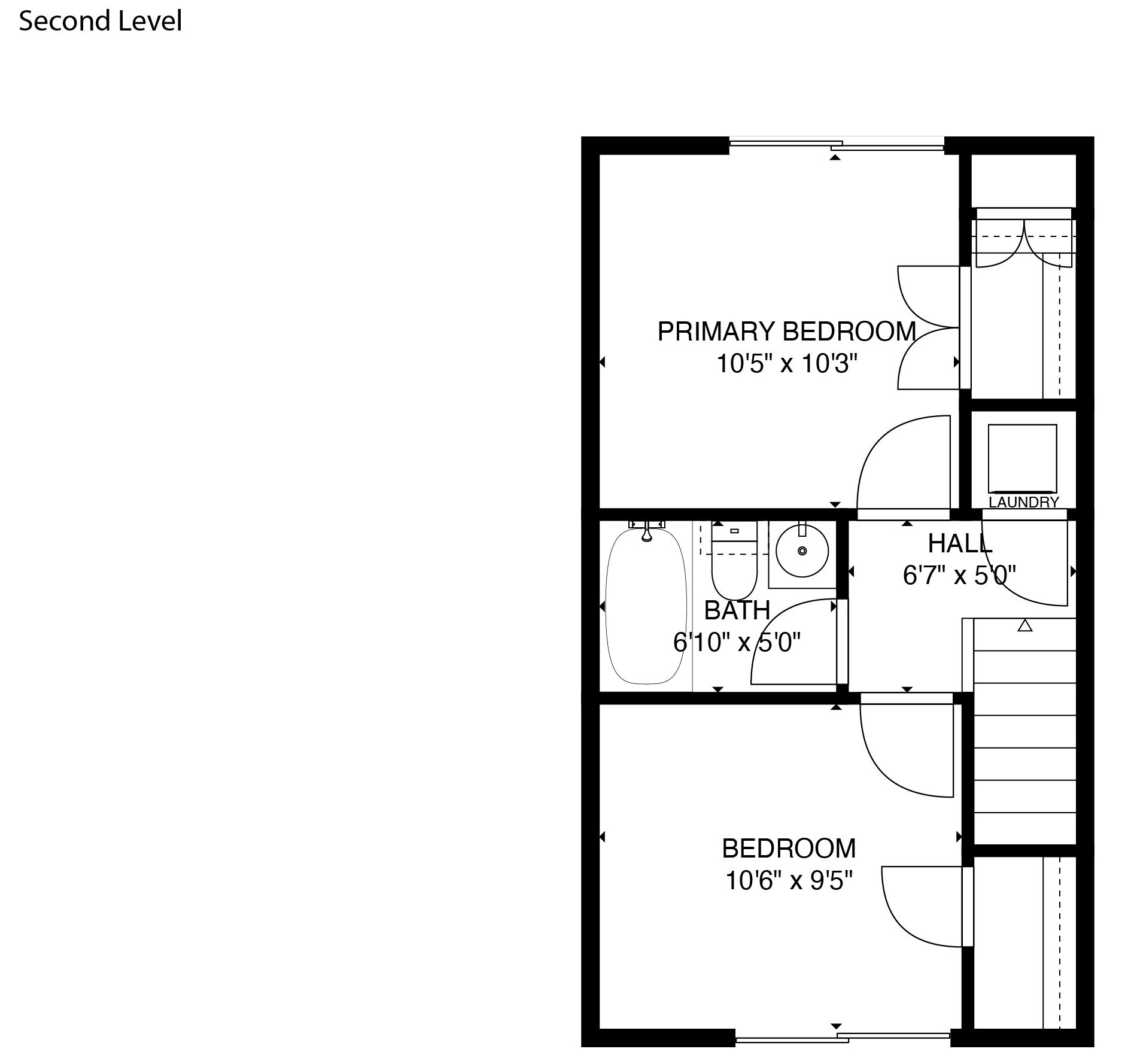 A floor plan with a primary bedroom, a smaller bedroom, a bathroom, a hall, and a laundry area.