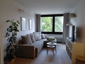 A modern living room with a sofa, a coffee table, a radiator, a TV, and a window with curtains.
