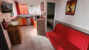 Un espace de vie compact comprenant un coin cuisine, un canapé rouge et un lit.