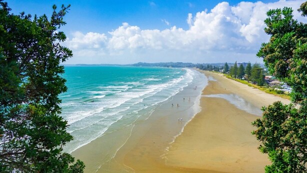 A beach with clear turquoise water, a sandy shore, and a line of trees in the foreground. - Modern Orewa Delight w Parking just Steps to Beach (Auckland Hibiscus Coast)