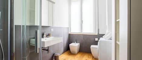Shower, hair dryer, bidet, towels