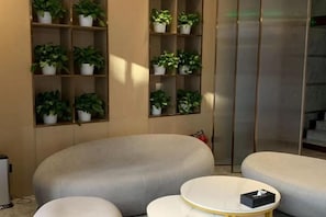 Um interior moderno com um sofá, uma mesa redonda pequena e uma estante com plantas em vasos.