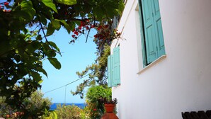 A narrow alley with a white building, green shutters, and a potted plant. - Atlantis Rooms (Agios Konstantinos)