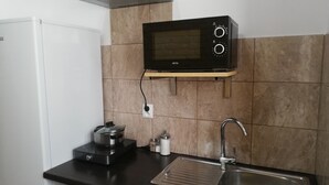A compact kitchen with a microwave, a kettle, a sink, and a stove. - Double apartment, Krakow Old Town (Kraków)