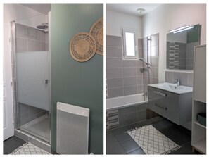 Shower, hair dryer, towels