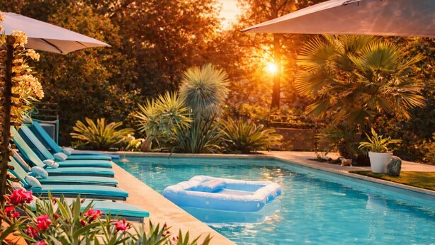 A swimming pool with lounge chairs and an inflatable float. - Detached 2-bedroom house with private garden and terrace.Quiet location and pool (Pertuis)