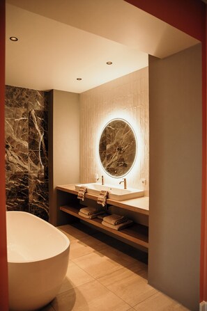 Hair dryer, towels, soap, shampoo