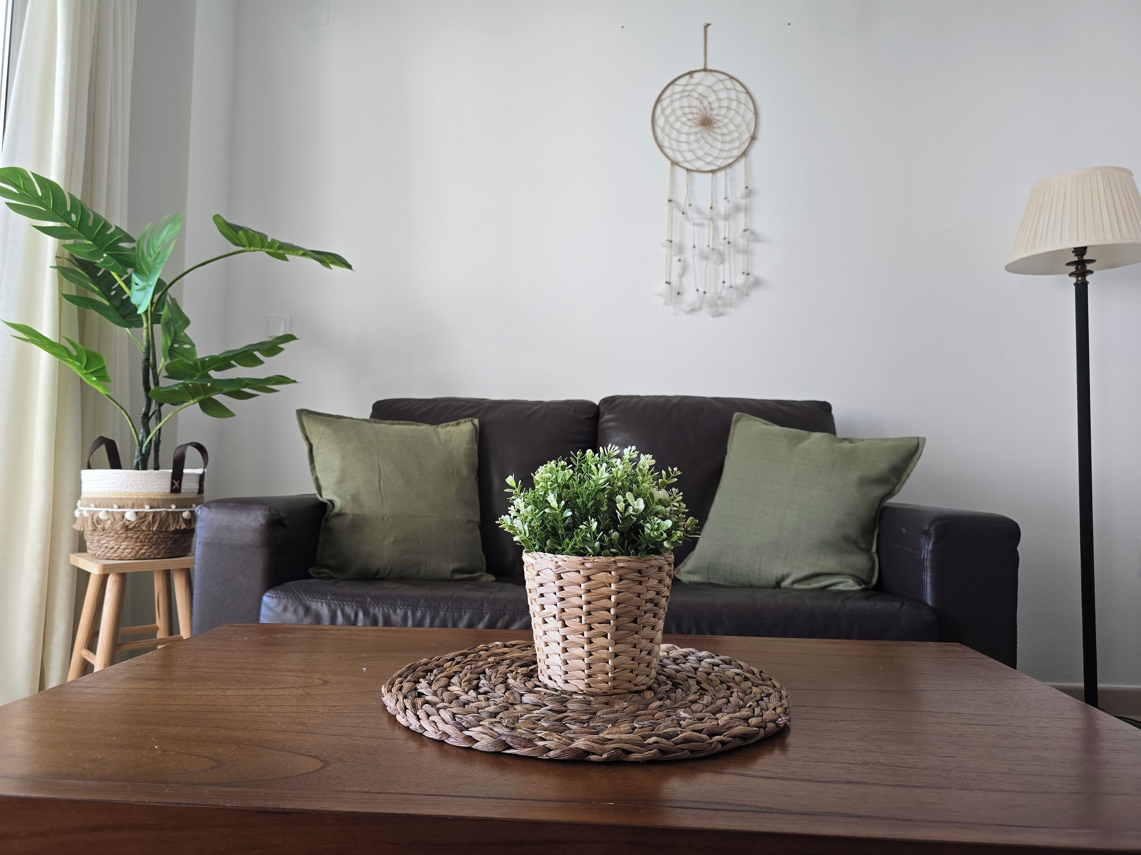 Un salon avec un canapé marron foncé, deux coussins verts, un set de table en fibres naturelles agrémenté d’une plante en pot, un attrape-rêves accroché au mur et une lampe sur pied.