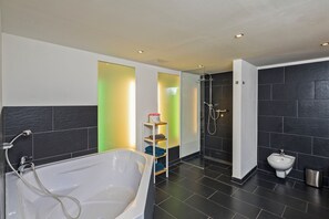 Hair dryer, towels, soap, toilet paper