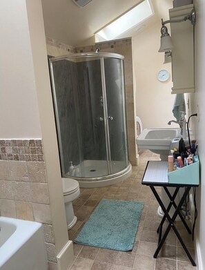 Regadera, secadora de cabello, toallas, jabón 