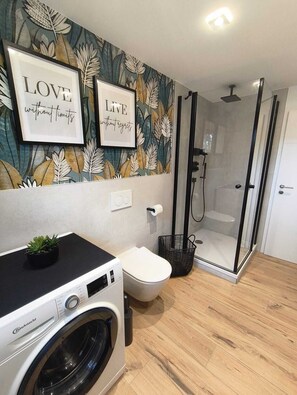 Hair dryer, towels, soap, toilet paper