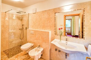 Shower, hair dryer, bidet, towels - Panoramic hotel in the Dolomites, South Tyrolean specialties, sauna and whirlpool (Steinegg)