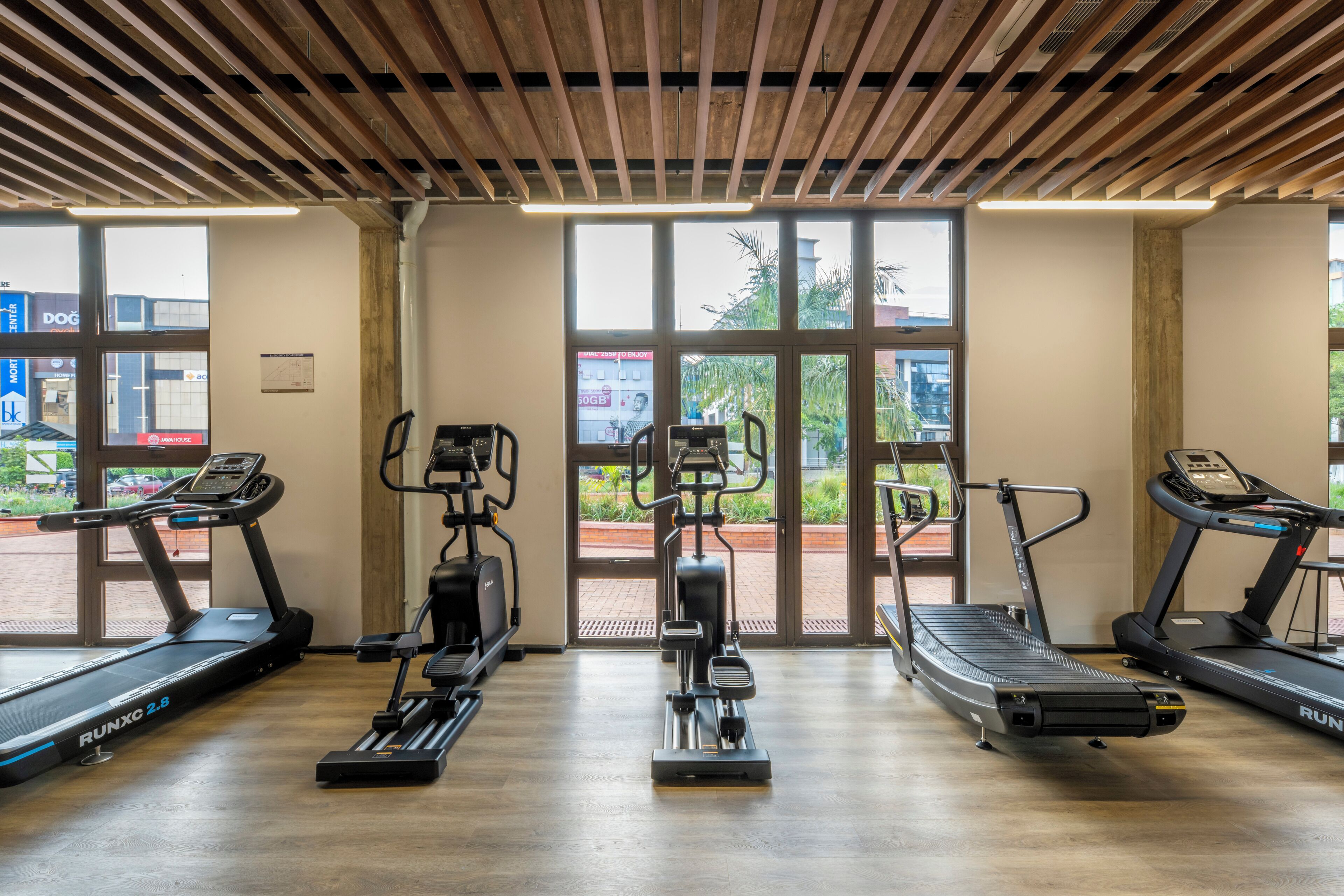 A gym with treadmills, elliptical machines, and a weight bench.
