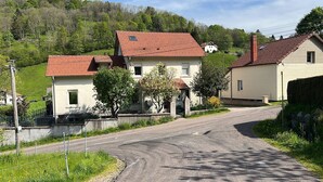 Eine ländliche Straße mit Häusern an beiden Seiten, umgeben von Grünflächen und Hügeln.