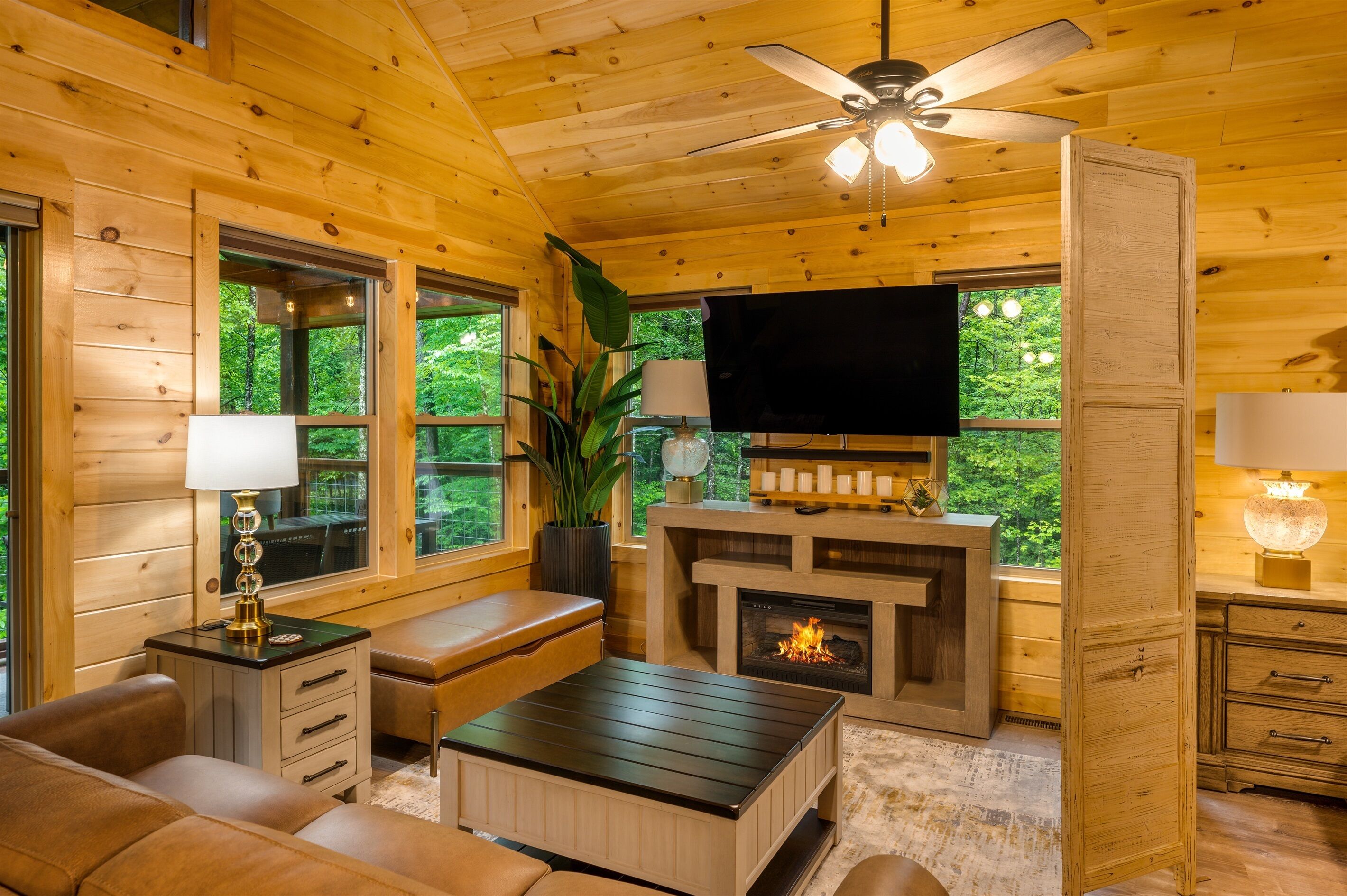 Smart TV, fireplace, foosball