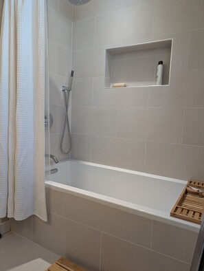 Hair dryer, towels, soap, toilet paper