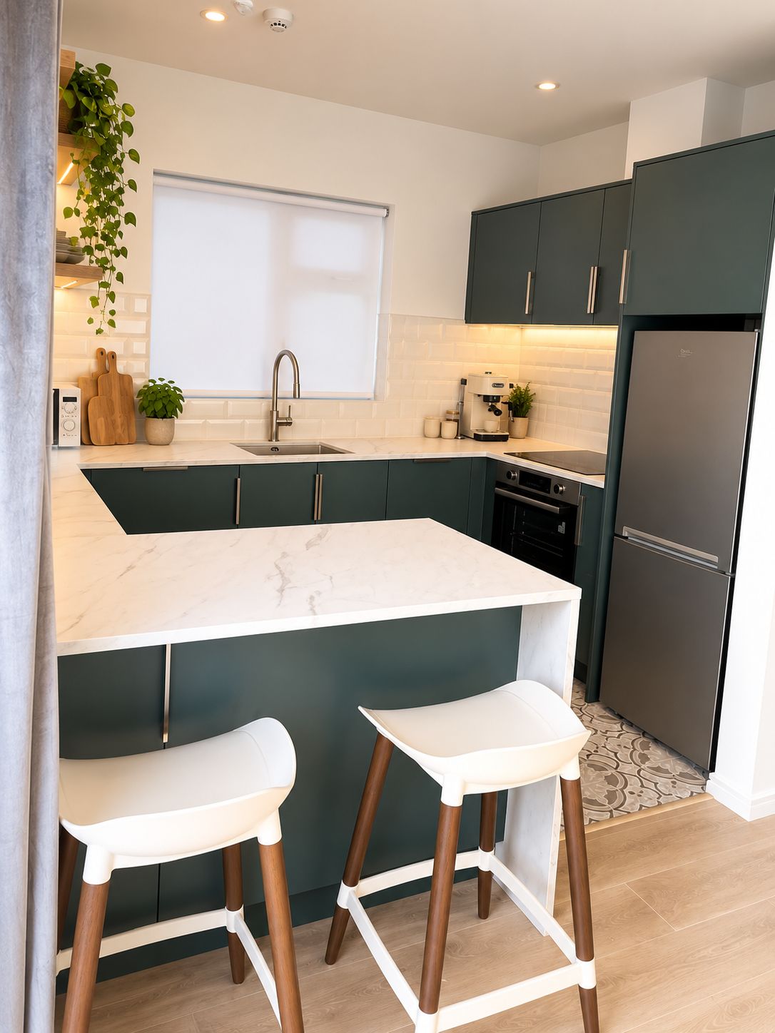 A modern kitchen with a marble island, dark cabinets, and a built-in oven.