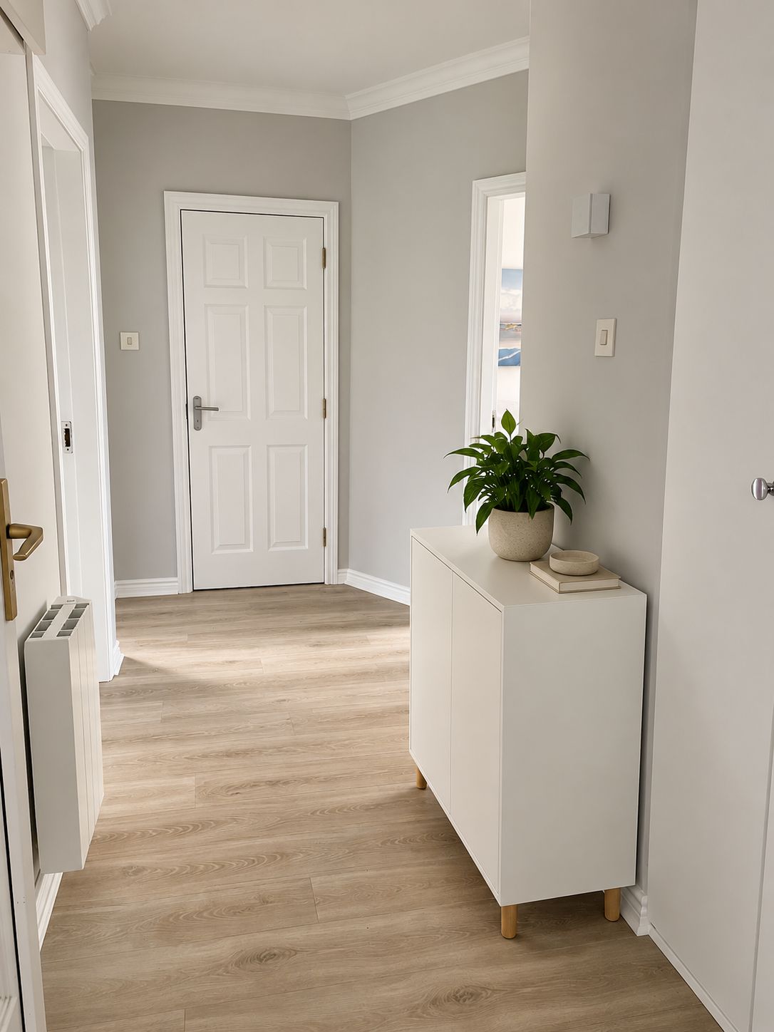 A hallway with a white door, a potted plant on a white console table, and a light switch on the wall.