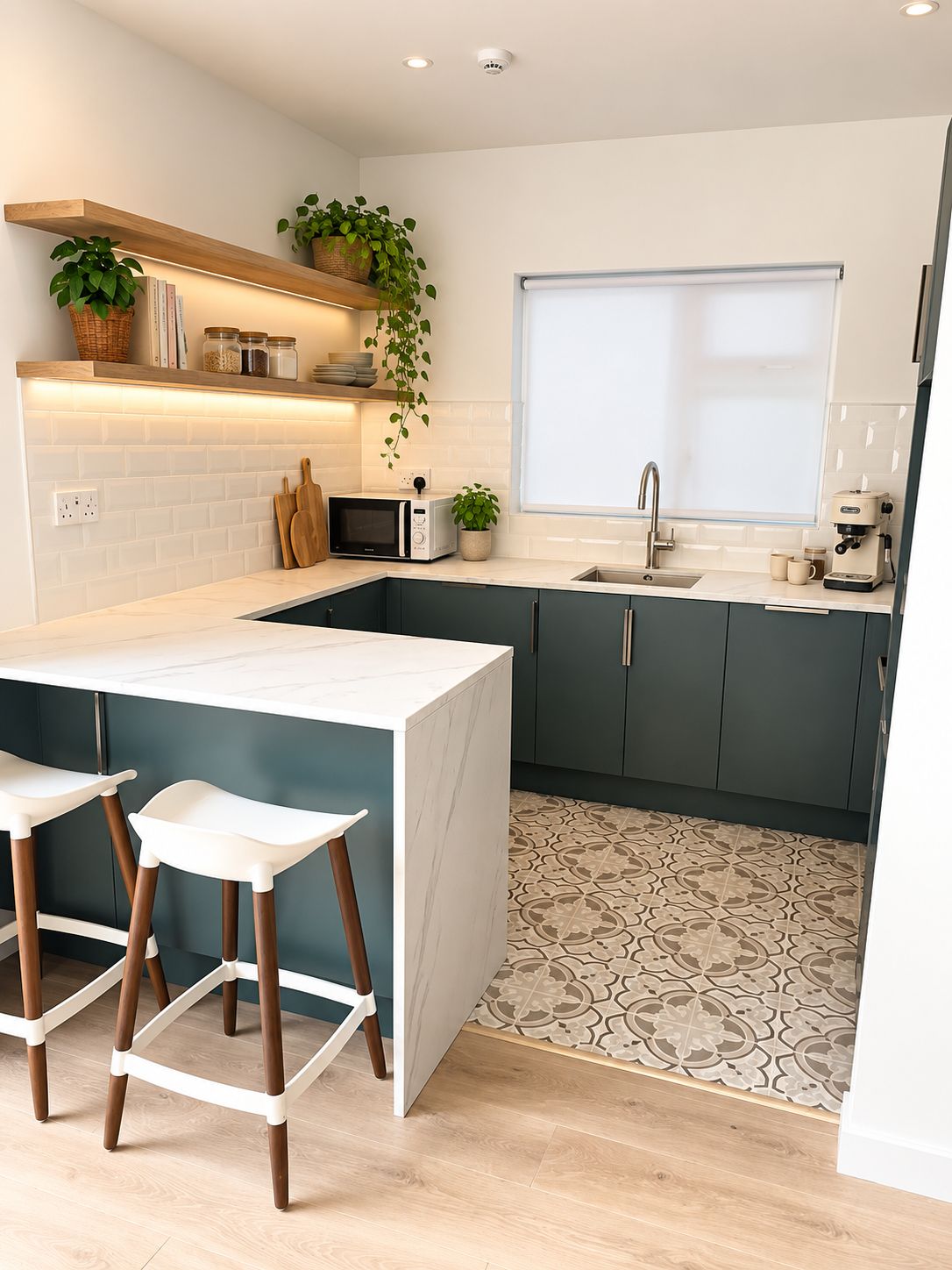 A modern kitchen with a white island, dark cabinets, and a patterned floor.