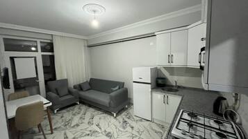 Een ruimtelijk ingerichte leefruimte met kitchenette, een bank, een eettafel en een vloer met patroon.