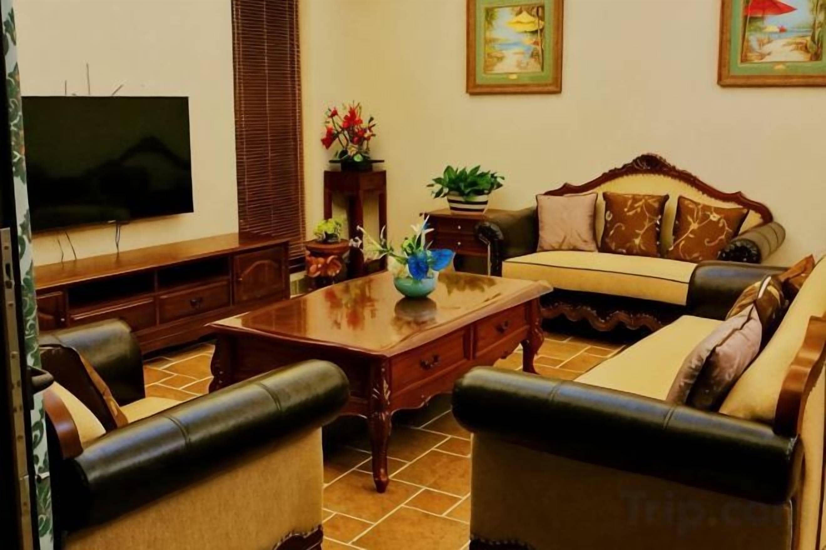 Una sala de estar con sofá, mesa de centro, televisor y plantas decorativas.