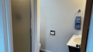 Douche, sèche-cheveux, serviettes fournies, papier toilette