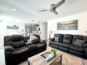 Smart TV, fireplace, foosball