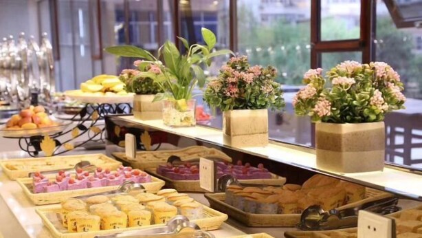 Un buffet proposant une variété de plats et agrémenté de plantes décoratives.