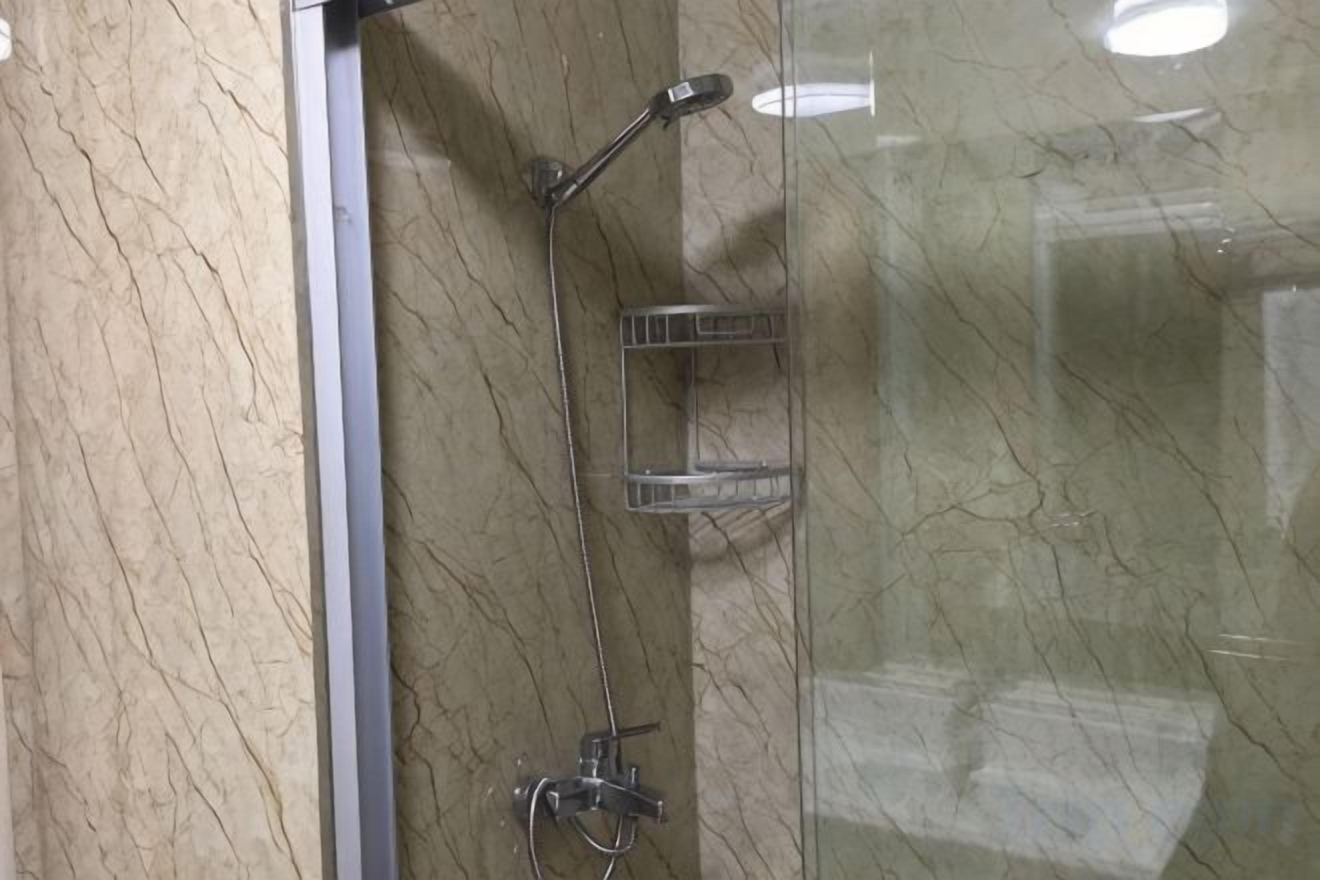 A glass-enclosed shower with a handheld showerhead and a wall-mounted faucet.