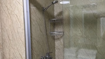 A glass-enclosed shower with a handheld showerhead and a wall-mounted faucet.